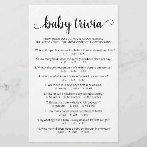 Baby Trivia Game with Answers Baby Shower party