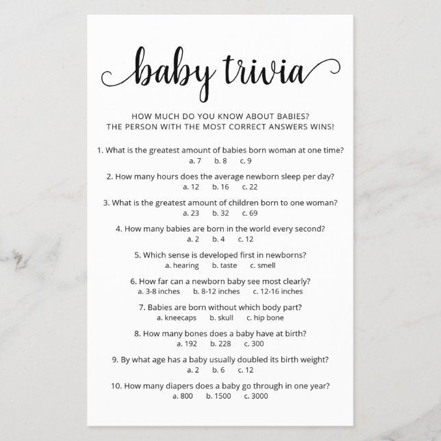 Baby Trivia Game with Answers Baby Shower party (Front)