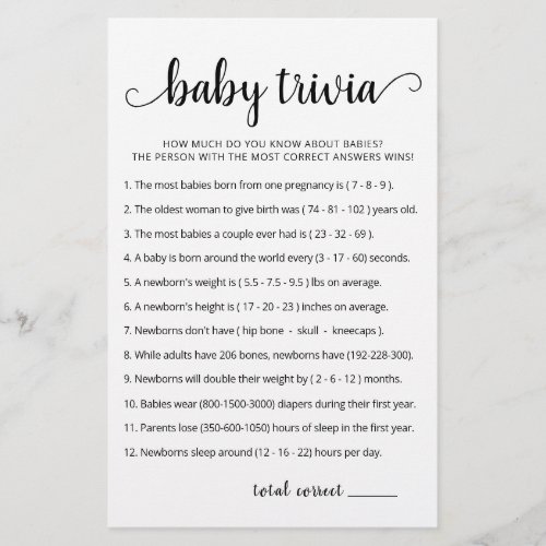 Baby Trivia Game with Answers Baby Shower party