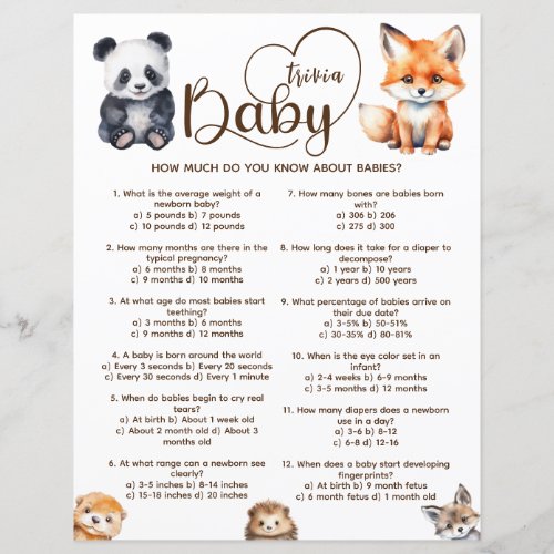 Baby Trivia Woodland Animals Baby Shower Game