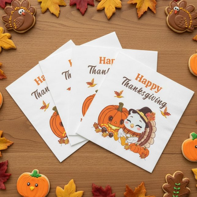 Baby Turkey And Pumpkin Celebrating Thanksgiving  Napkins (Creator Uploaded)