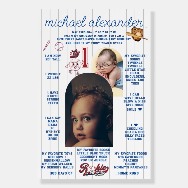 Baby Turning ONE 1st Birthday Baseball Milestone Foam Board (Front)