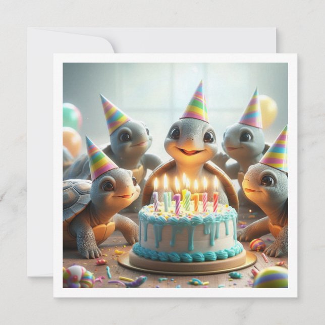 Baby turtles celebrating birthday with cake & hats invitation (Front)