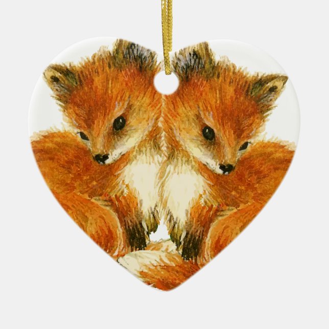 Baby Twin Foxes Ceramic Ornament (Front)