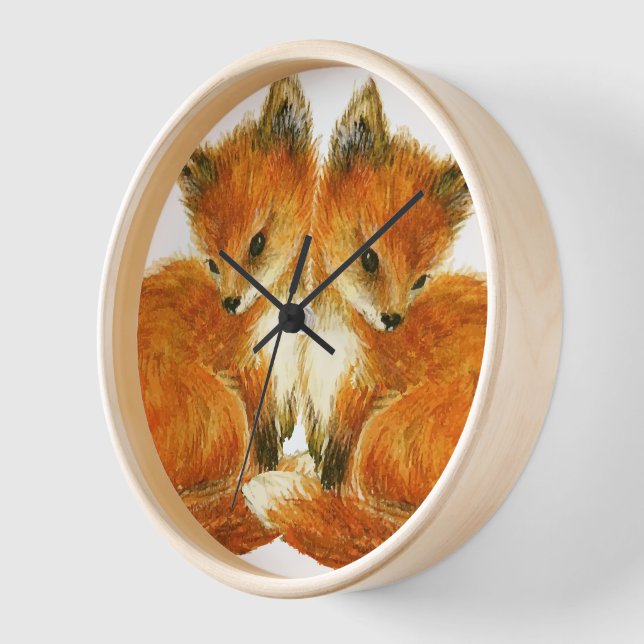 Baby Twin Foxes Wall Clock (Angle)