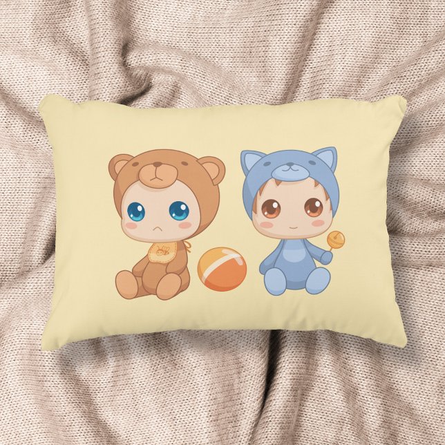Baby Twins Bear Cat Jumpsuit on Yellow Accent Pillow (Creator Uploaded)
