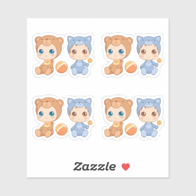 Baby Twins Bear Cat Jumpsuit Set of 4 Sticker (Sheet)