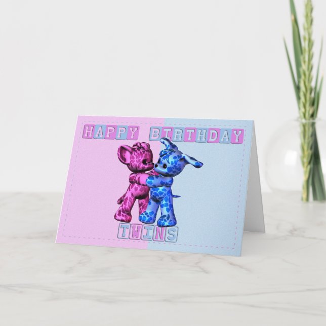baby twins birthday card with bear and puppy (Front)
