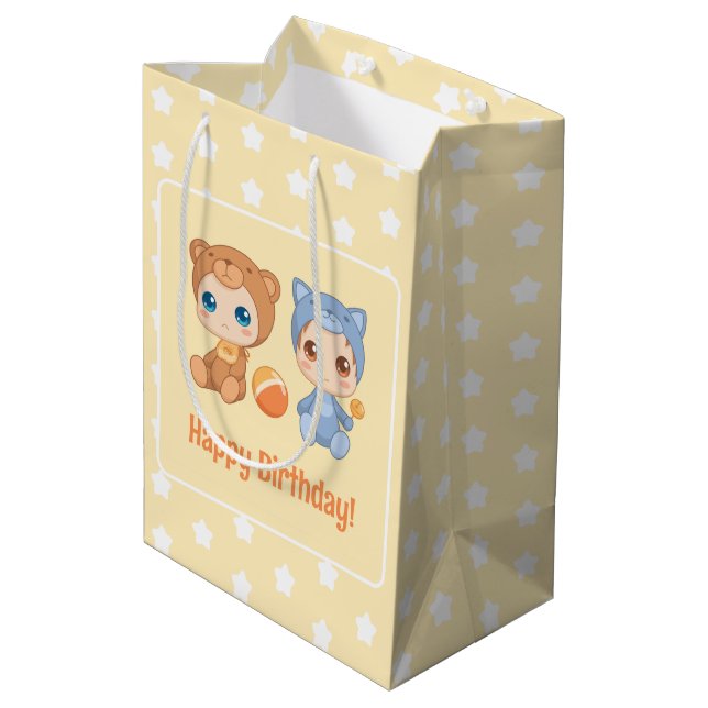 Baby Twins Birthday Cat Bear Yellow Medium Gift Bag (Back Angled)