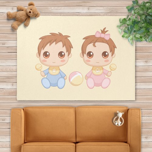 Baby Twins Boy and Girl on Yellow Outdoor Rug