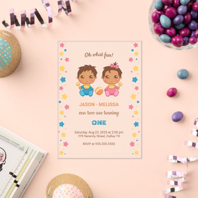Baby Twins Boy Girl First Birthday 2 Acrylic Invitations (Insitu (Celebration))