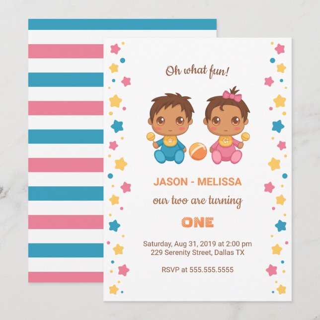 Baby Twins Boy Girl First Birthday 2 Invitation (Front/Back)