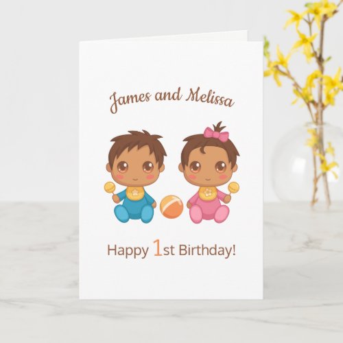 Baby Twins Boy Girl First Birthday Blank Card