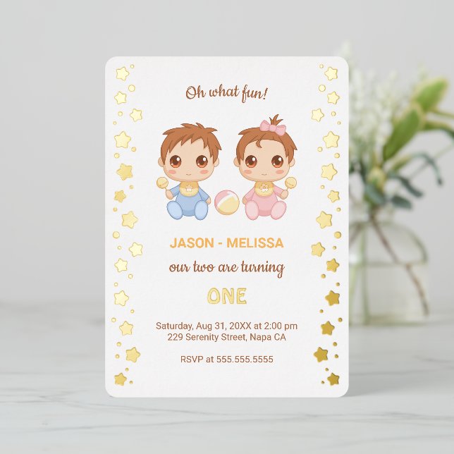 Baby Twins Boy Girl First Birthday Foil Invitation (Standing Front)