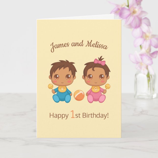 Baby Twins Boy Girl First Birthday Yellow Blank Card (Orchid)