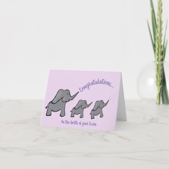 baby twins elephant congratulations purple card (Front)