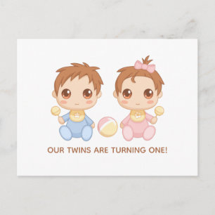 Baby Twins First Birthday Boy and Girl Invitation Postcard