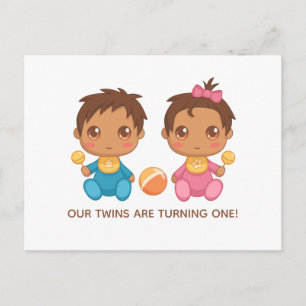 Baby Twins First Birthday Boy and Girl Invitation Postcard