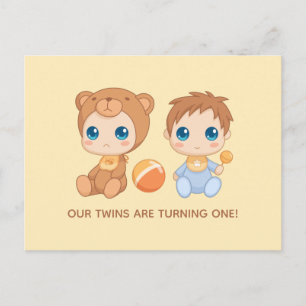 Baby Twins First Birthday Boy Bear Invitation 2 Postcard