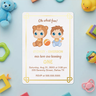 Baby Twins First Birthday Boy Bear Jumpsuit Foil Invitation