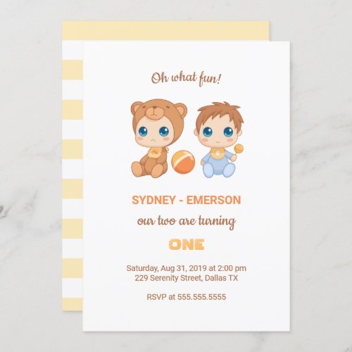 Baby Twins First Birthday Boy Bear Jumpsuit Invitation