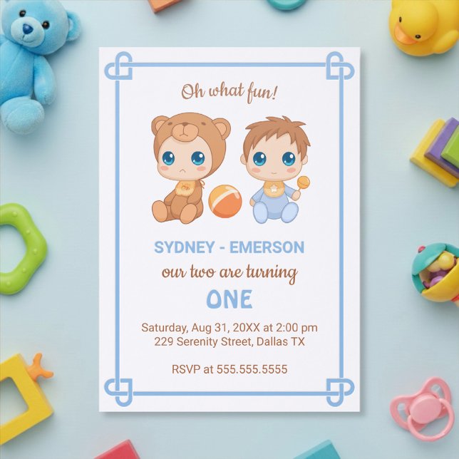 Baby Twins First Birthday Boy Bear Jumpsuit Letterpress Photo Cards (Creator Uploaded)