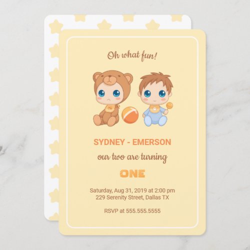 Baby Twins First Birthday Boy Bear Yellow Invitation