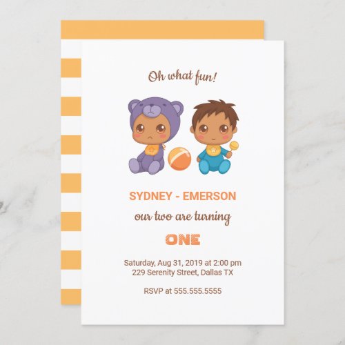 Baby Twins First Birthday Boy Purple Bear Jumpsuit Invitation