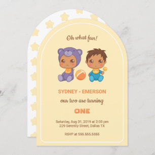 Baby Twins First Birthday Boy Purple Bear Yellow I Invitation