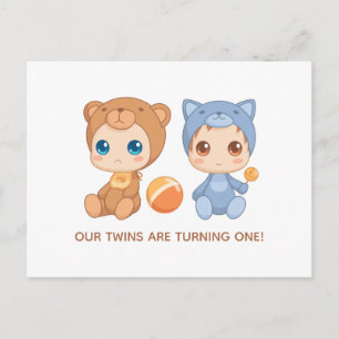 Baby Twins First Birthday Cat Bear Invitation Postcard