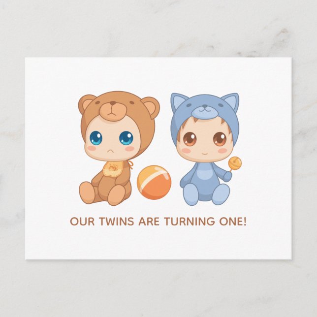 Baby Twins First Birthday Cat Bear Invitation Postcard (Front)