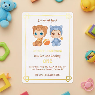 Baby Twins First Birthday Cat Bear Jumpsuit Foil Invitation