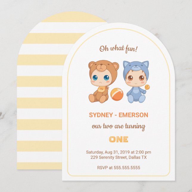 Baby Twins First Birthday Cat Bear Jumpsuit Invitation (Front/Back)