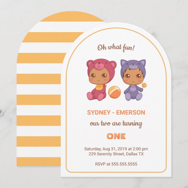 Baby Twins First Birthday Cat Bear Jumpsuit Invitation (Front/Back)