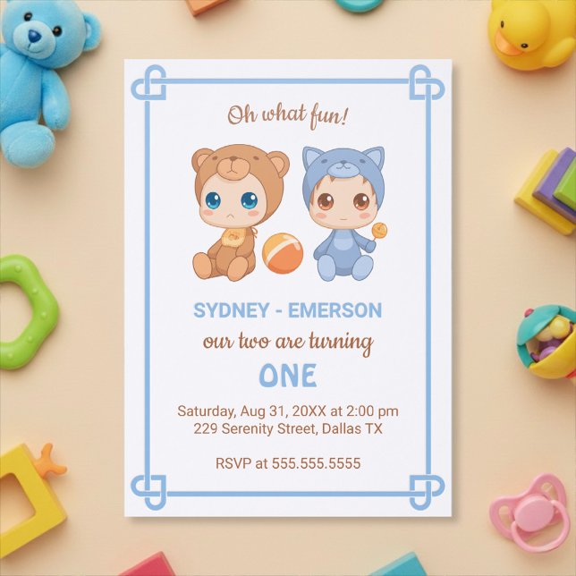Baby Twins First Birthday Cat Bear Jumpsuit Letterpress Photo Cards (Creator Uploaded)