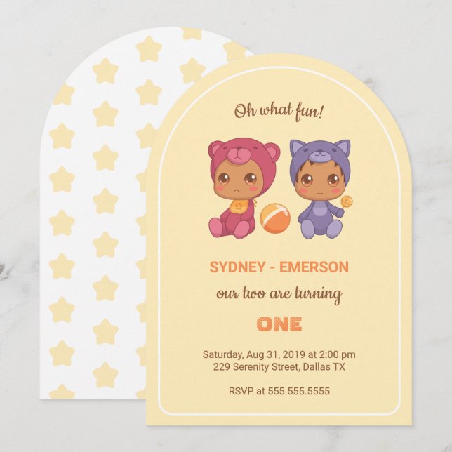 Baby Twins First Birthday Cat Bear Yellow Invitation (Front/Back)