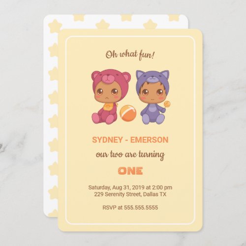 Baby Twins First Birthday Cat Bear Yellow Invitation