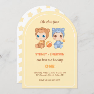 Baby Twins First Birthday Cat Bear Yellow Invitation