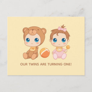 Baby Twins First Birthday Girl Bear Invitation 2 Postcard