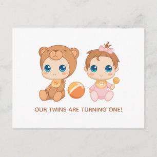 Baby Twins First Birthday Girl Bear Invitation Postcard