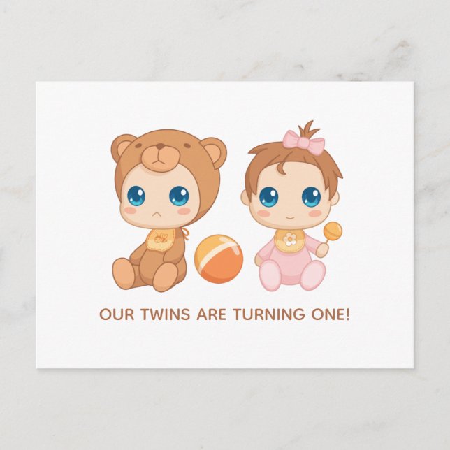 Baby Twins First Birthday Girl Bear Invitation Postcard (Front)