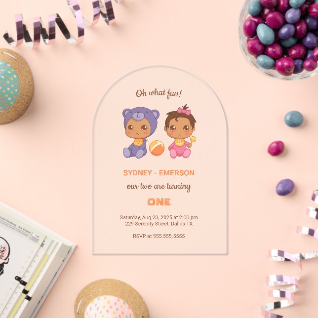 Baby Twins First Birthday Girl Bear Jumpsuit 2 Acrylic Invitations (Insitu (Celebration))