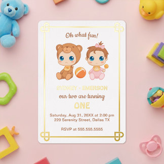 Baby Twins First Birthday Girl Bear Jumpsuit Foil Invitation