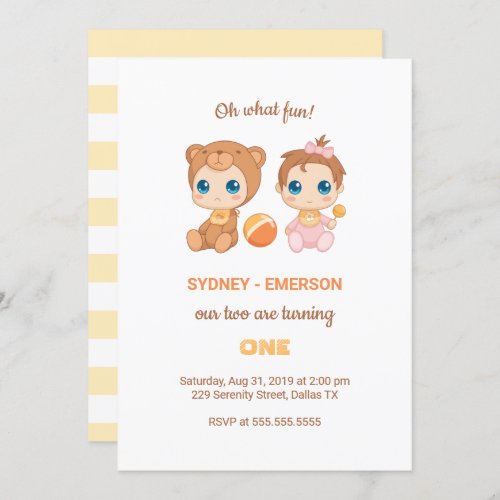 Baby Twins First Birthday Girl Bear Jumpsuit Invitation