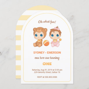 Baby Twins First Birthday Girl Bear Jumpsuit Invitation