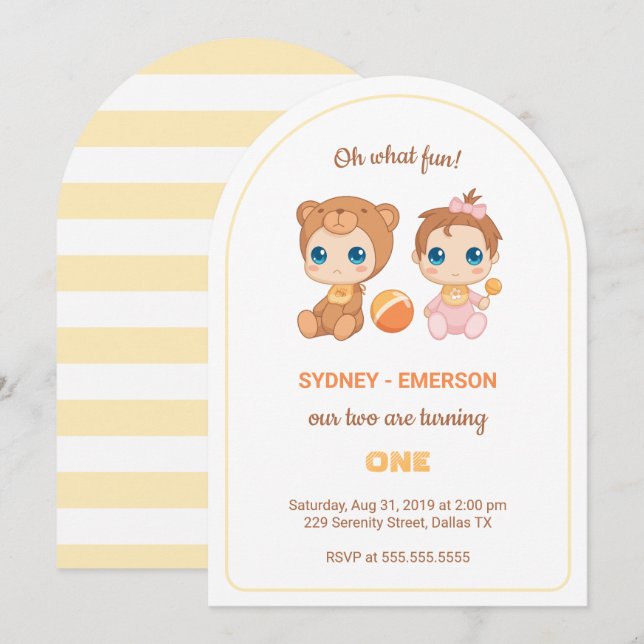 Baby Twins First Birthday Girl Bear Jumpsuit Invitation (Front/Back)