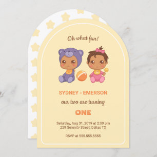 Baby Twins First Birthday Girl Bear Yellow 1 Invit Invitation
