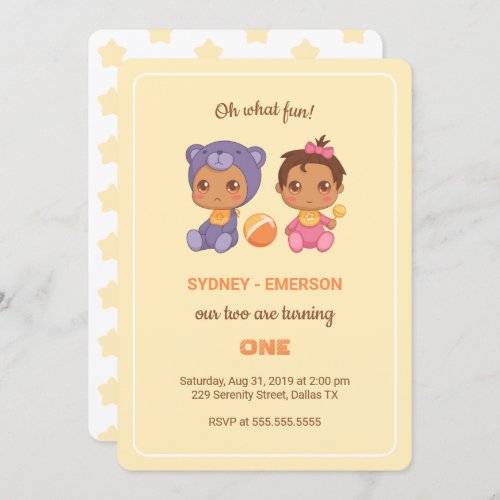 Baby Twins First Birthday Girl Bear Yellow 1 Invit Invitation