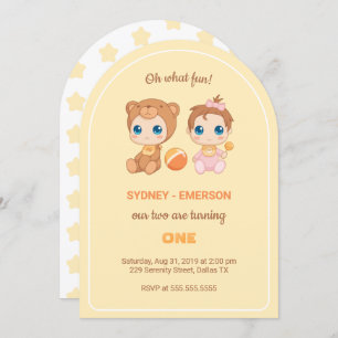 Baby Twins First Birthday Girl Bear Yellow Invitation