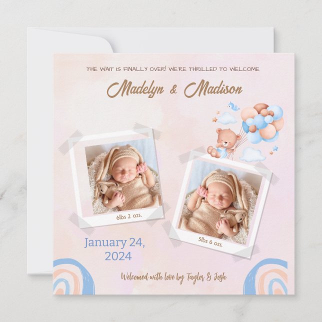 BABY (TWINS) PHOTO ANNOUNCEMENT CARD (Front)